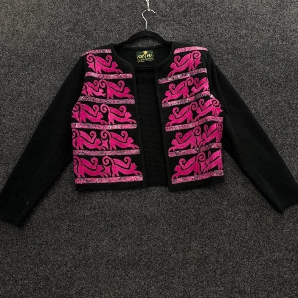 Pompeii Wool Sweater Black Pink Cat Leather Patchwork Cropped Jacket